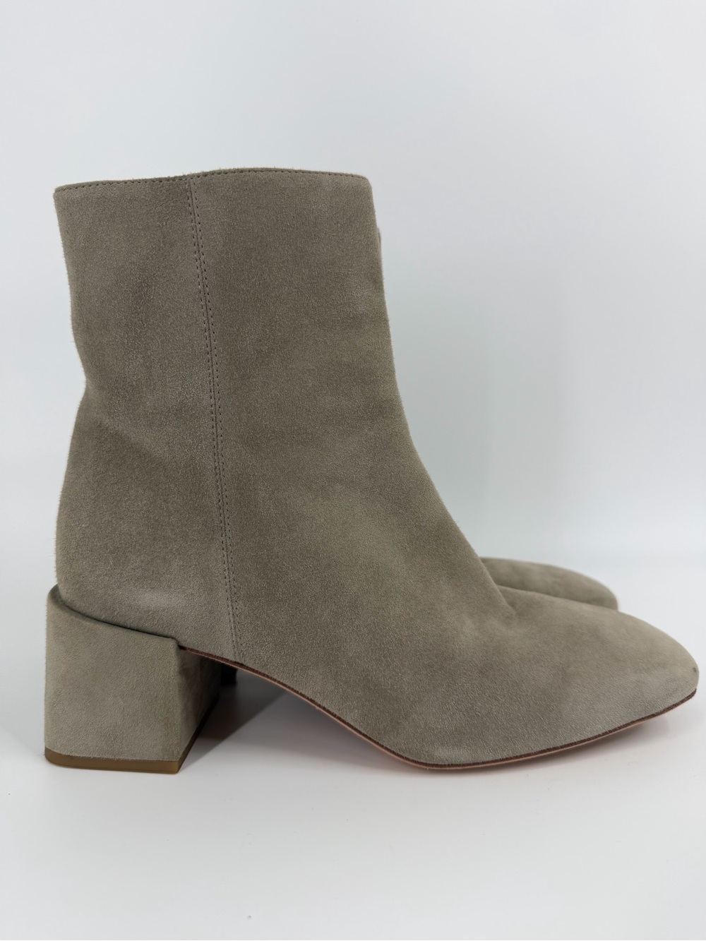 Vince, Suede Kaye Block Heel Ankle Boot in Taupe Gray, Size 8